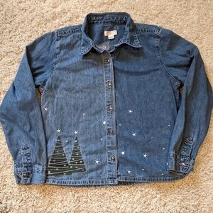 Christopher & Banks Denim Tree and Stars Shirt Shacket Medium